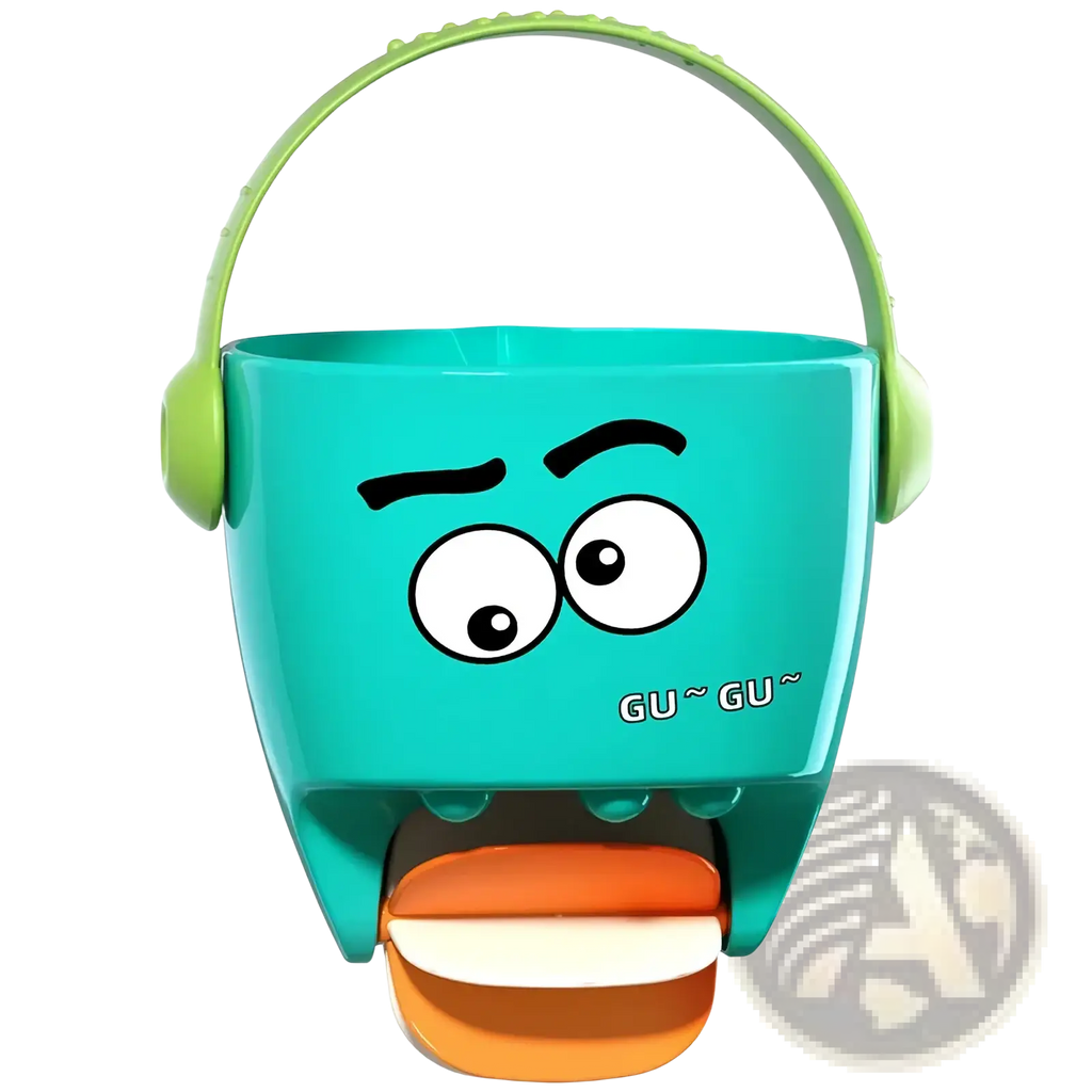 Teal plastic baby bath bucket with green handle and cartoon face for water spraying toy set use