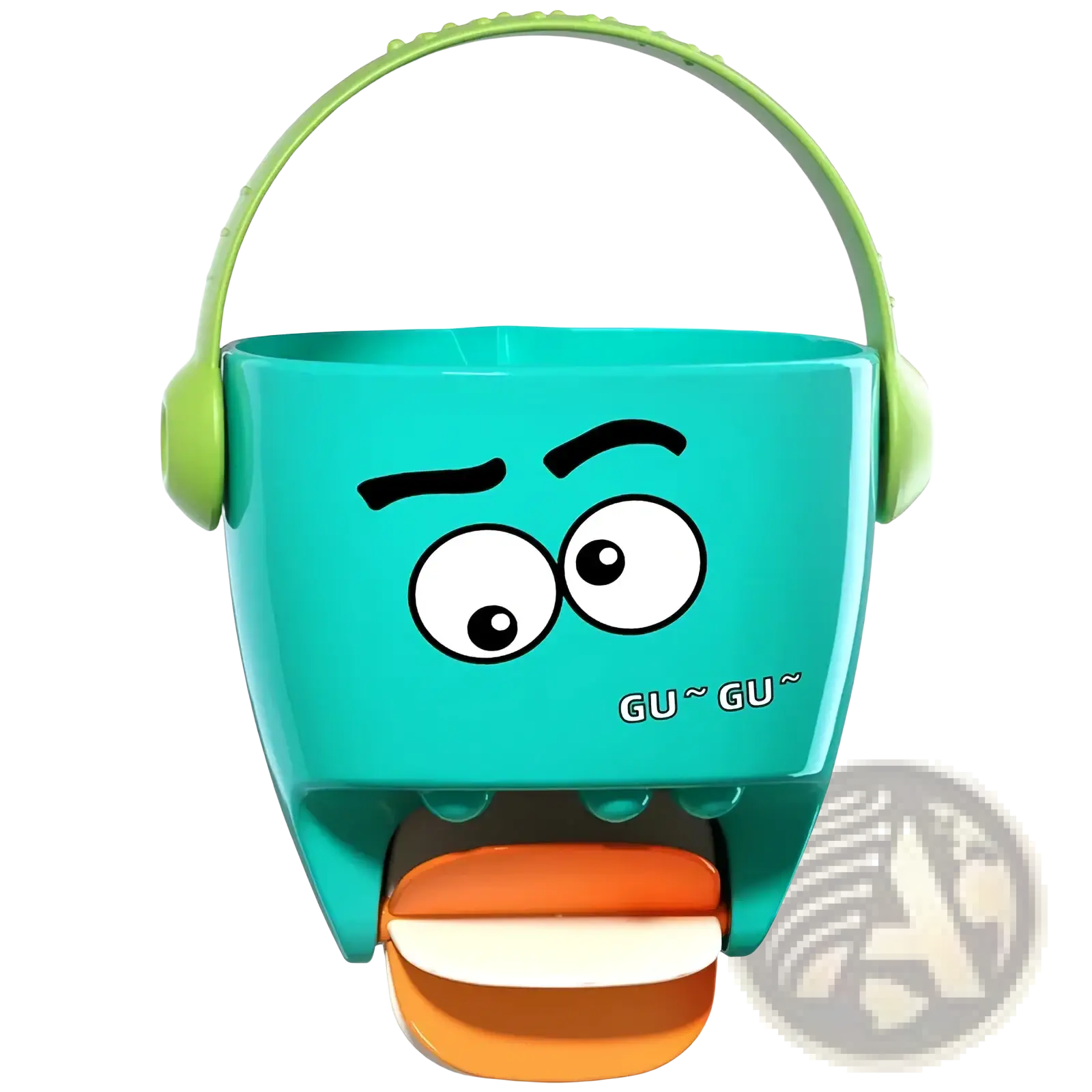 Teal plastic baby bath bucket with green handle and cartoon face for water spraying toy set use