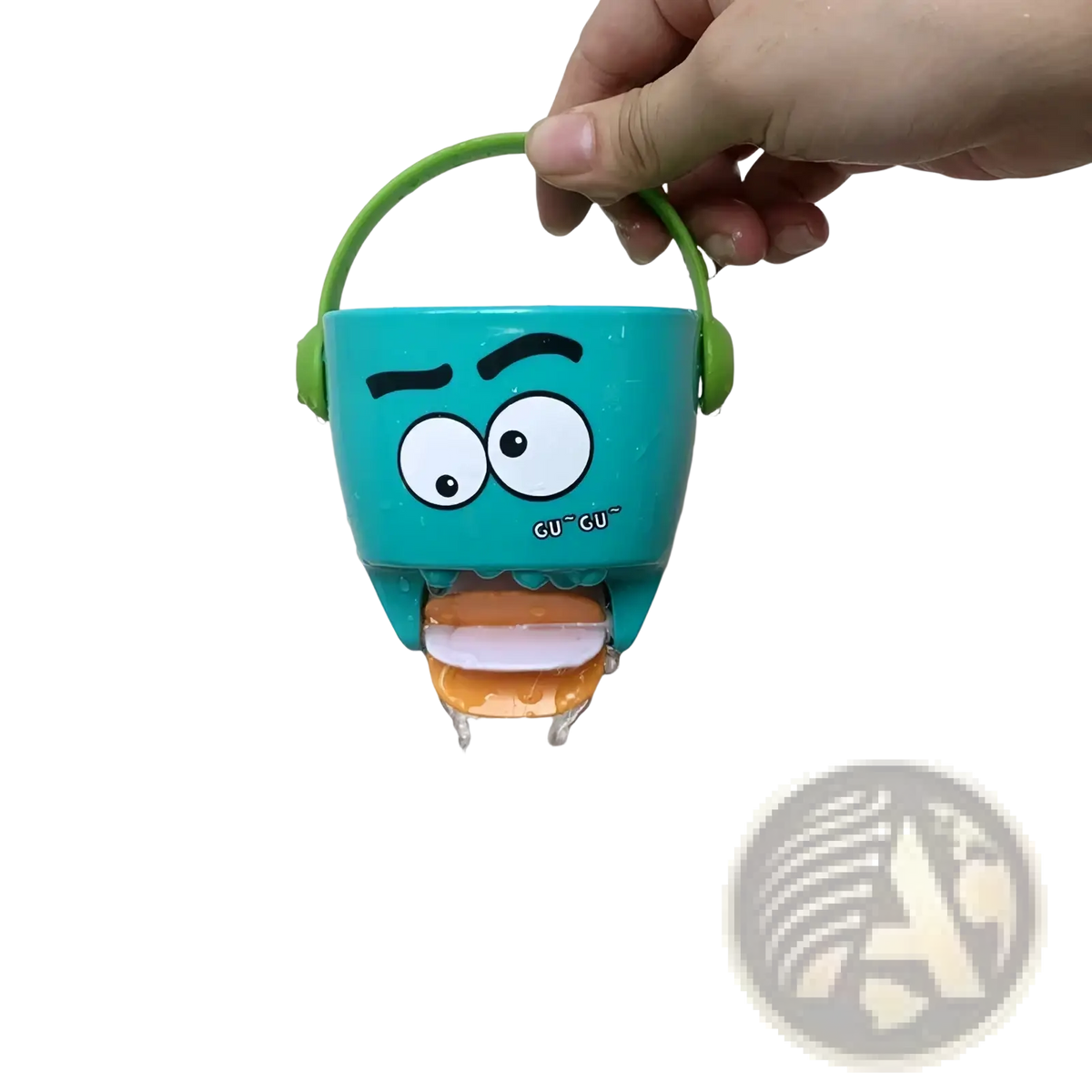 Teal plastic baby bath bucket with green handle, cartoon face design, and gu gu text for water spraying toy set