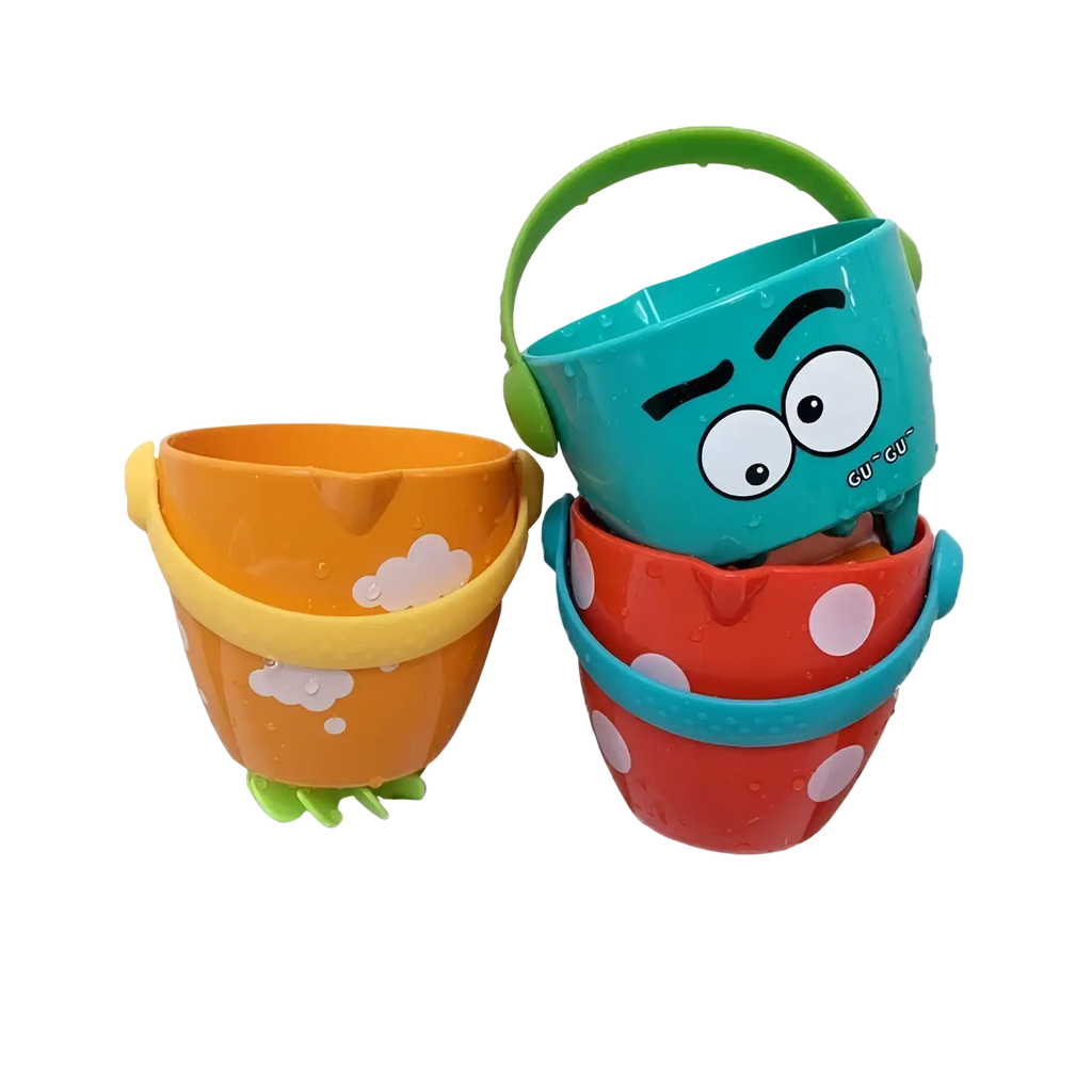 Set of three colorful plastic baby bath buckets with cartoon faces and handles for water spraying playtime