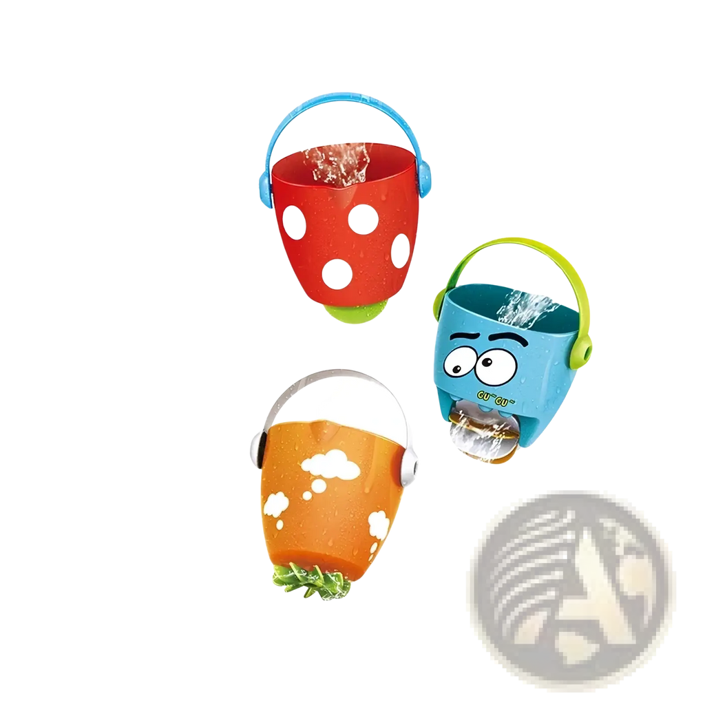 Three colorful cartoon-themed baby bath buckets with built-in spray nozzles and handles for water play