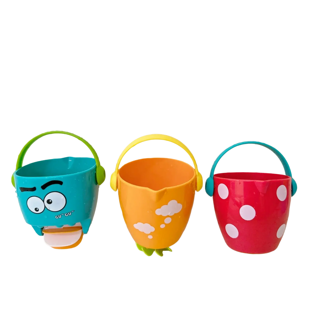 Baby bath buckets water spraying toy set featuring three colorful plastic buckets with playful designs and handles