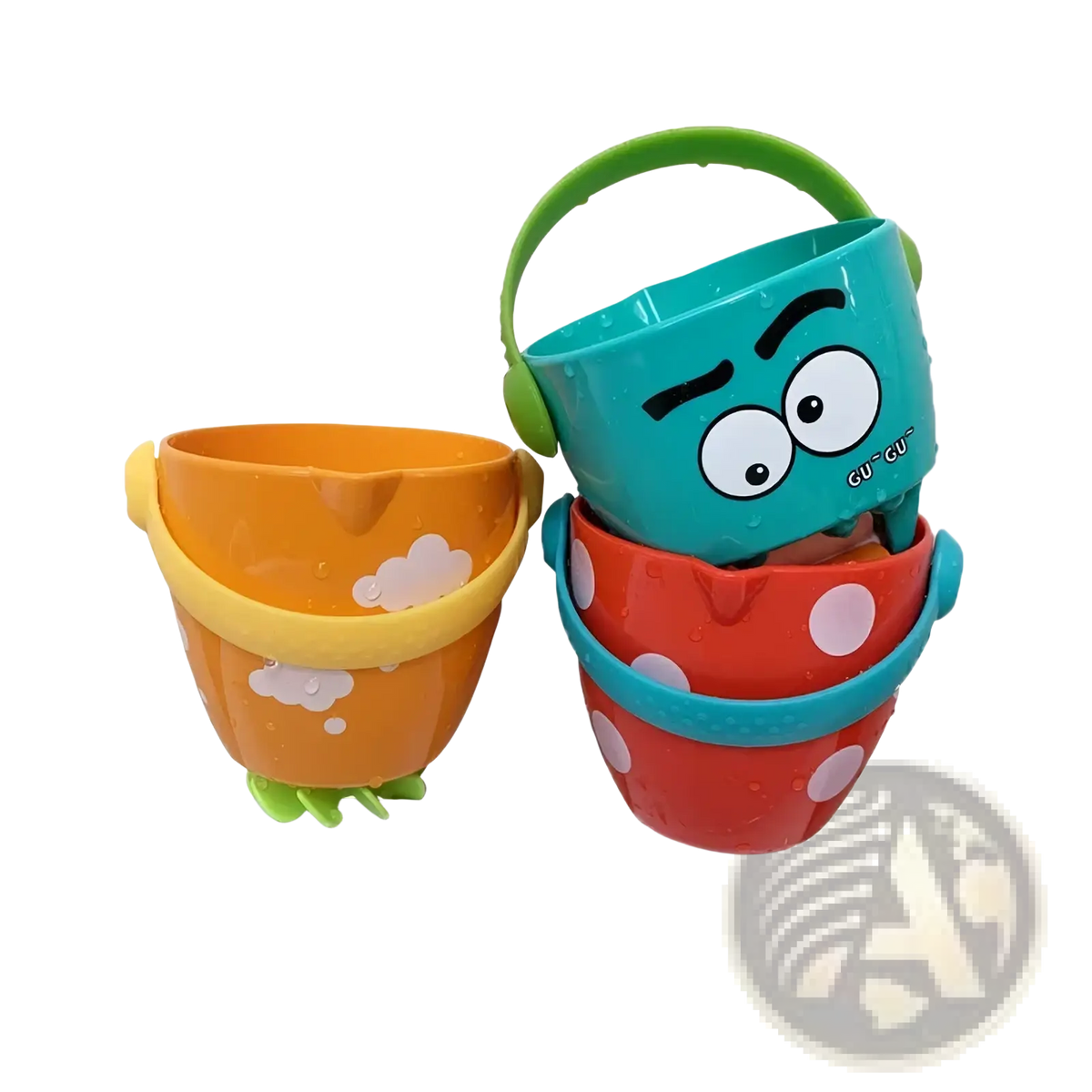 Set of three colorful plastic baby bath buckets with cartoon faces and handles for water spraying playtime
