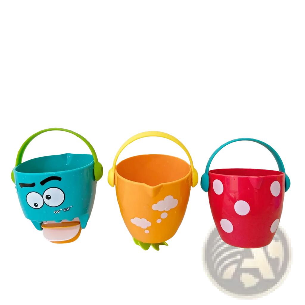 Baby bath buckets water spraying toy set featuring three colorful plastic buckets with playful designs and handles