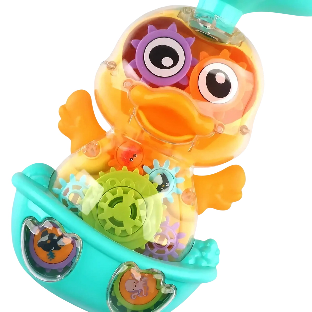 Bright orange and teal plastic baby bath duck toy with colorful gear mechanisms for water spray in bathtub use