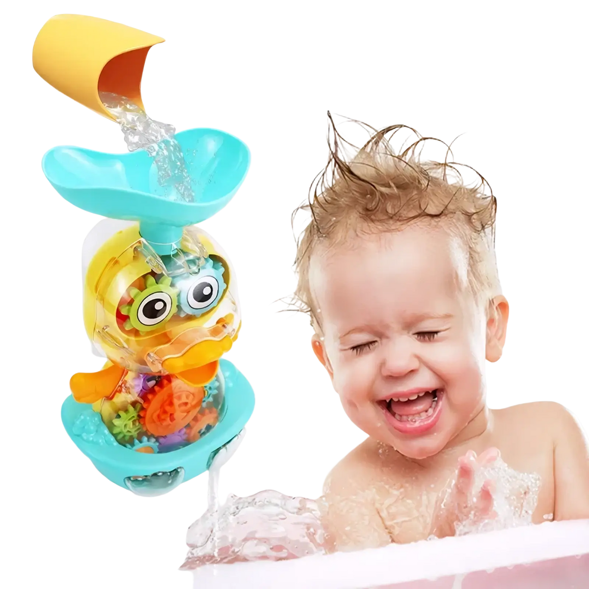 Brightly colored baby bath duck toy with yellow top teal base clear body and colorful gears for water spray use