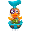 Colorful transparent baby bath duck toy with visible gears, turquoise tail, and orange beak for water spray use