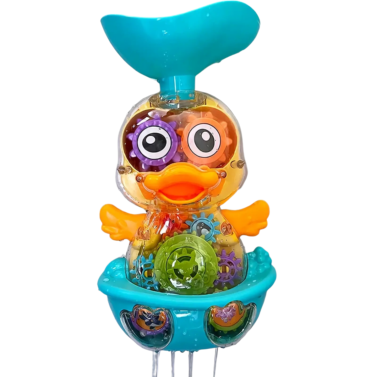Colorful transparent baby bath duck toy with visible gears, turquoise tail, and orange beak for water spray use