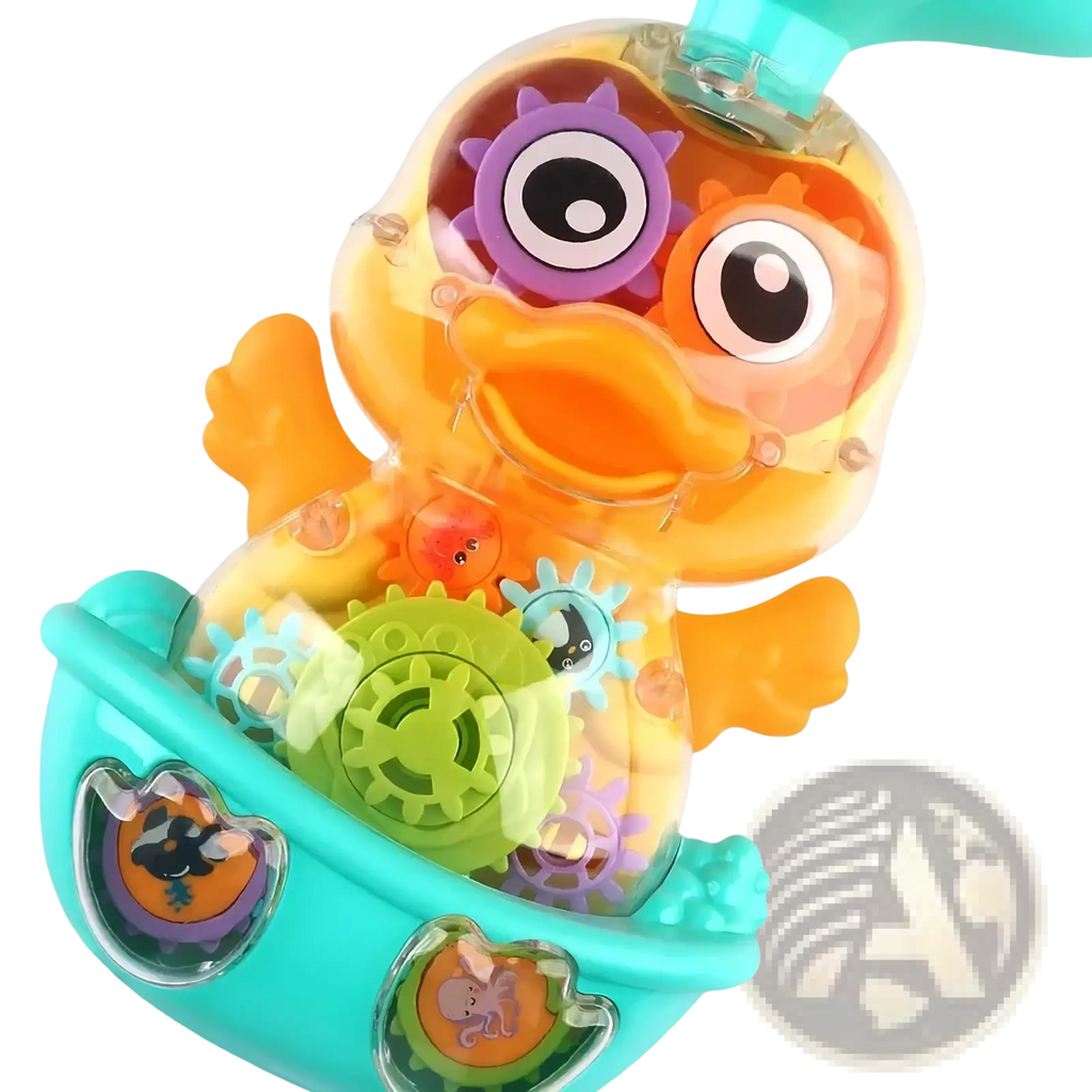 Bright orange and teal plastic baby bath duck toy with colorful gear mechanisms for water spray in bathtub use