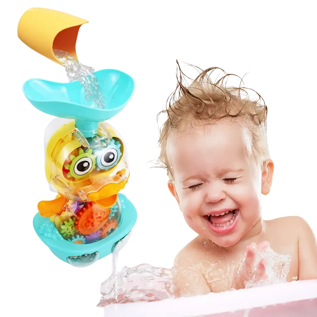 Brightly colored baby bath duck toy with yellow top teal base clear body and colorful gears for water spray use