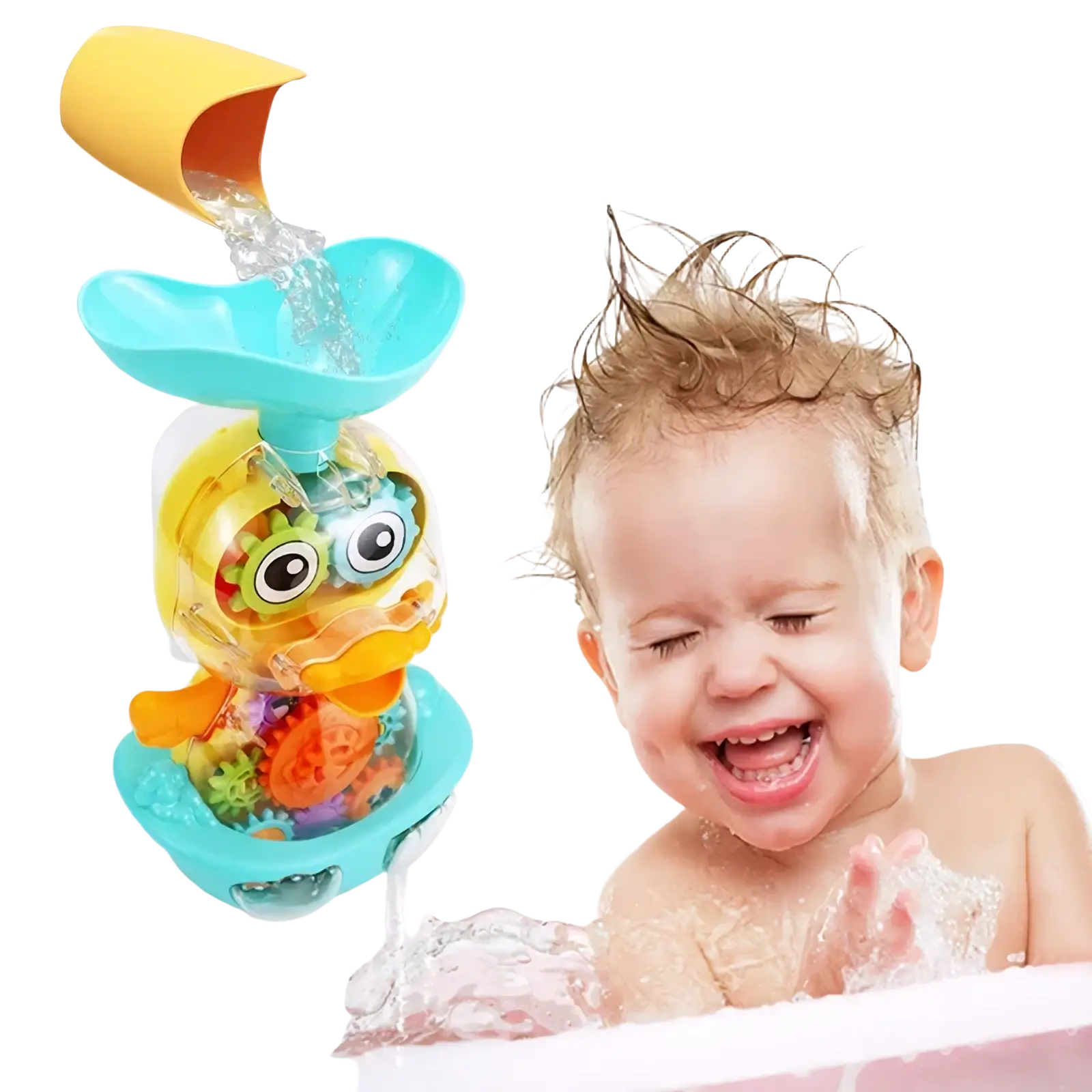 Brightly colored baby bath duck toy with yellow top teal base clear body and colorful gears for water spray use