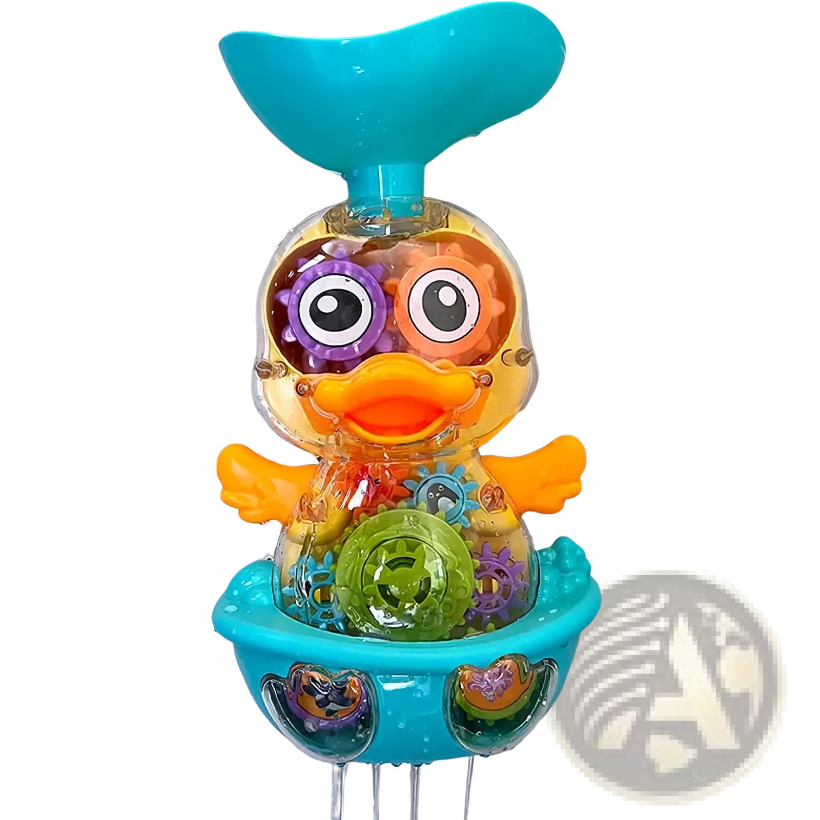 Colorful transparent baby bath duck toy with turquoise tail orange beak and visible gears for water spray play
