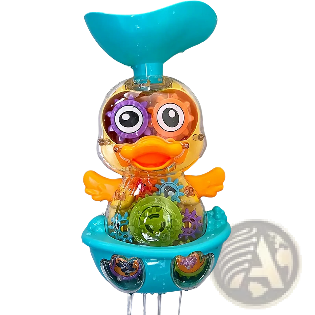 Colorful transparent baby bath duck toy with visible gears, turquoise tail, and orange beak for water spray use