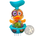 Colorful transparent baby bath duck toy with visible gears, turquoise tail, and orange beak for water spray use