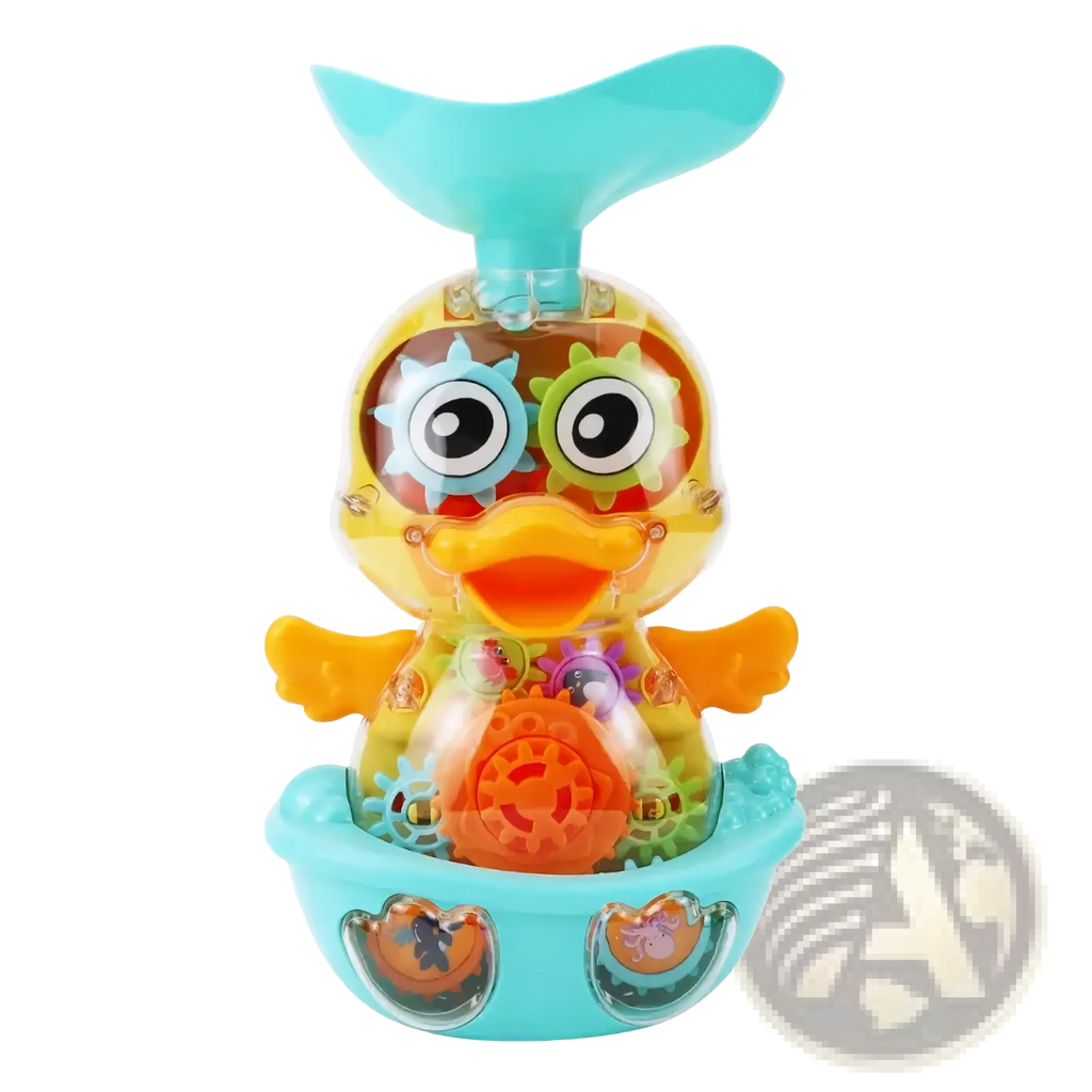 Translucent yellow baby bath duck toy with colorful spray gears and turquoise fin for bathtub play