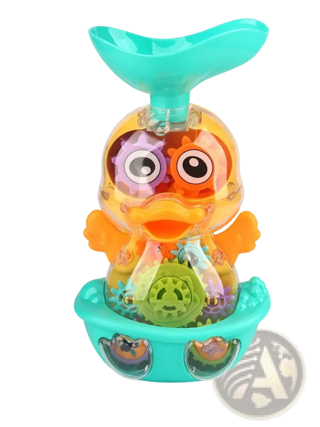 Baby bath duck toy water spray gear with translucent orange and teal body, colorful internal gears, and turquoise whale tail