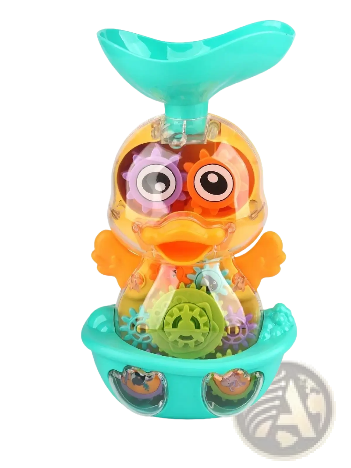 Baby bath duck toy water spray gear with translucent orange and teal body, colorful internal gears, and turquoise whale tail