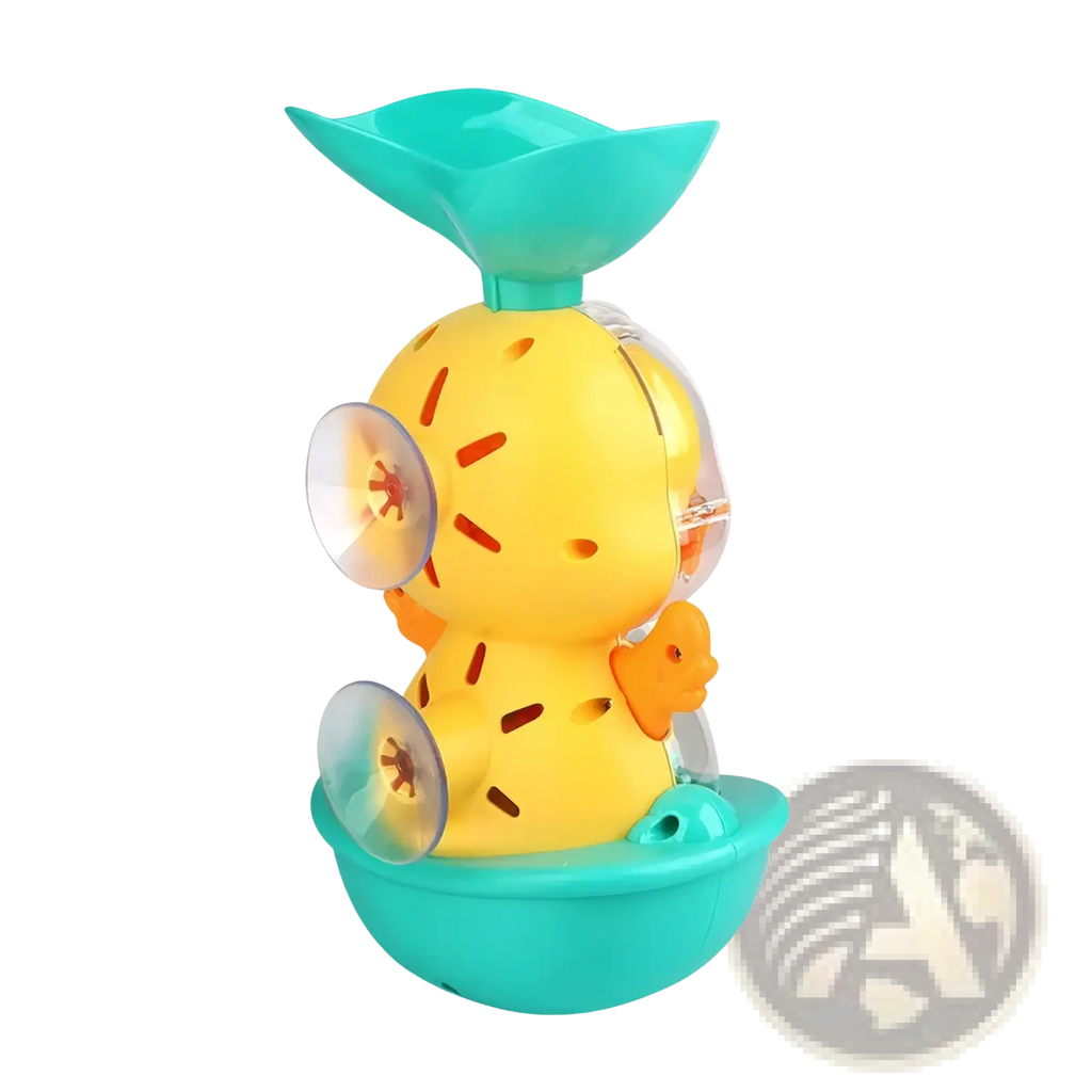 Yellow rubber baby bath duck toy shaped like a pineapple with orange accents and clear suction cups for water spray use