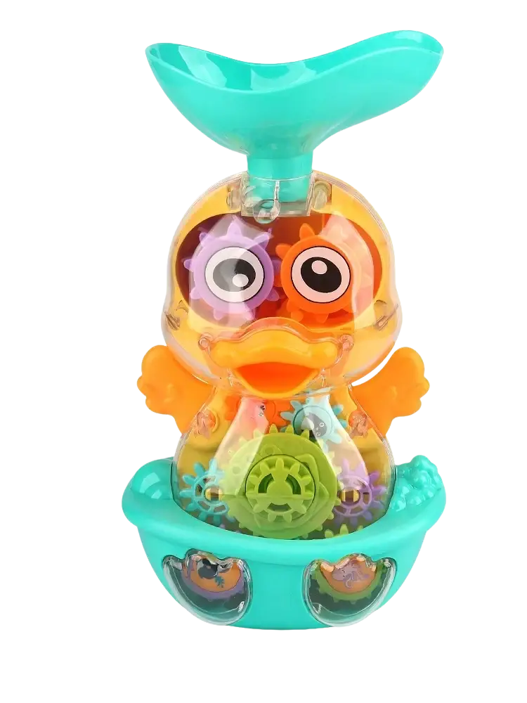 Baby bath duck toy water spray gear with translucent orange and teal body, colorful internal gears, and turquoise whale tail