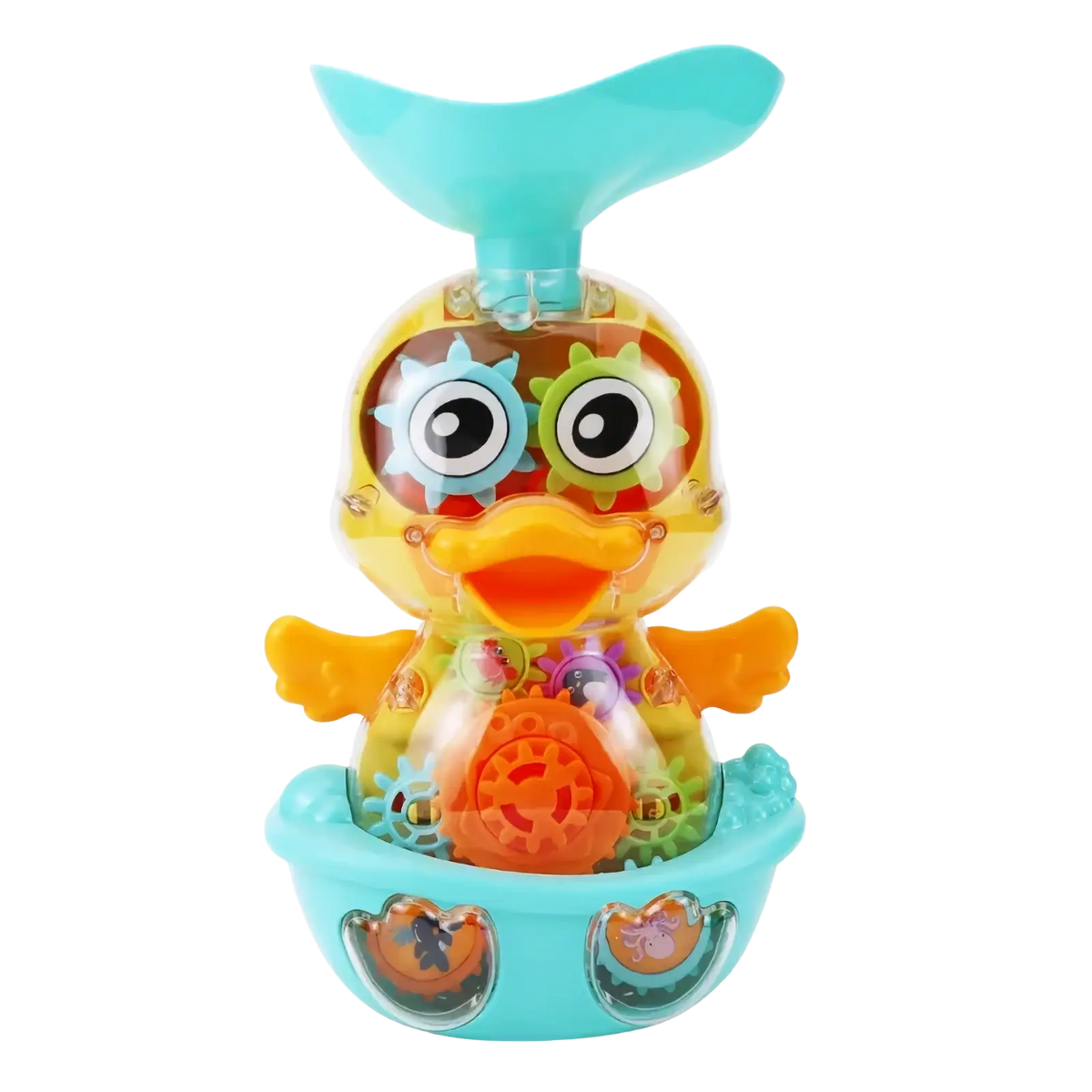 Translucent yellow baby bath duck toy with colorful spray gears and turquoise fin for bathtub play