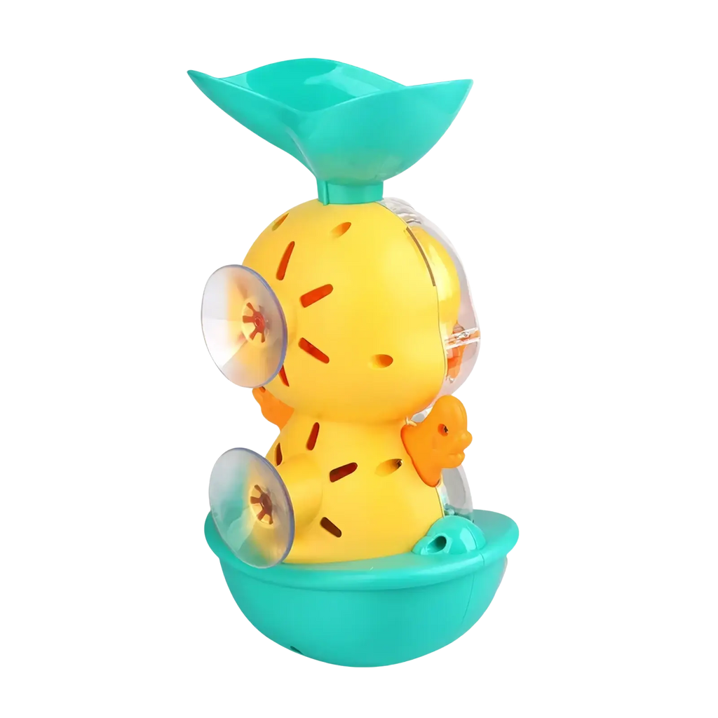 Yellow rubber baby bath duck toy shaped like a pineapple with orange accents and clear suction cups for water spray use