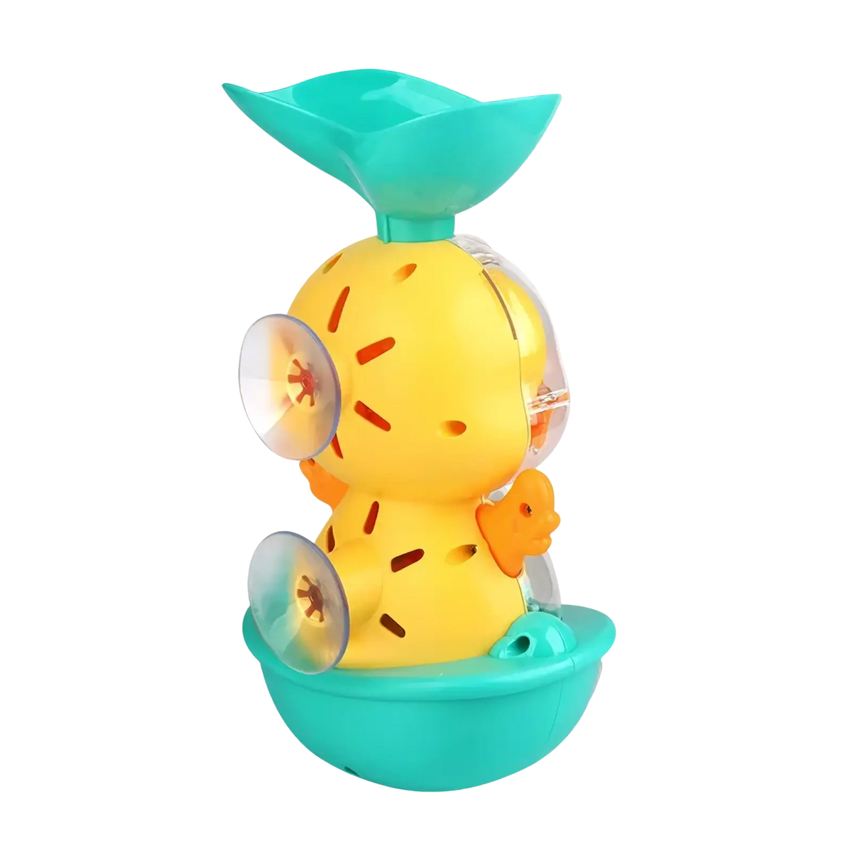 Yellow rubber baby bath duck toy shaped like a pineapple with orange accents and clear suction cups for water spray use