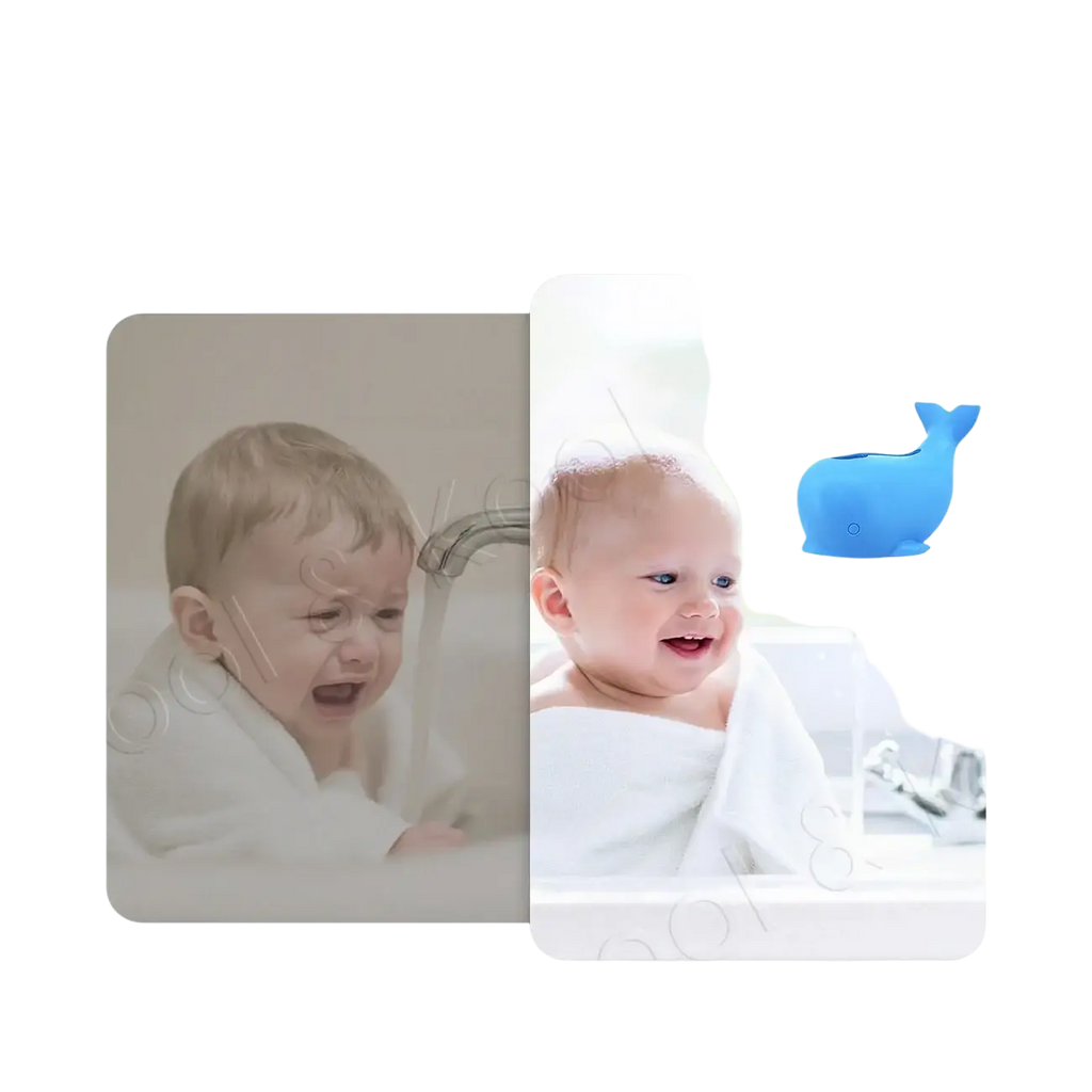 Blue silicone whale-shaped baby bath faucet cover designed as a head protector for safe bath time use