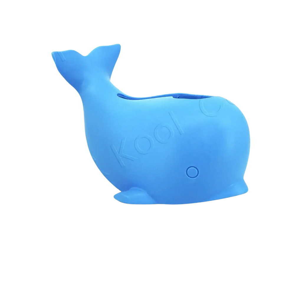 Blue silicone whale-shaped baby bath faucet cover designed to protect toddlers during bath time use