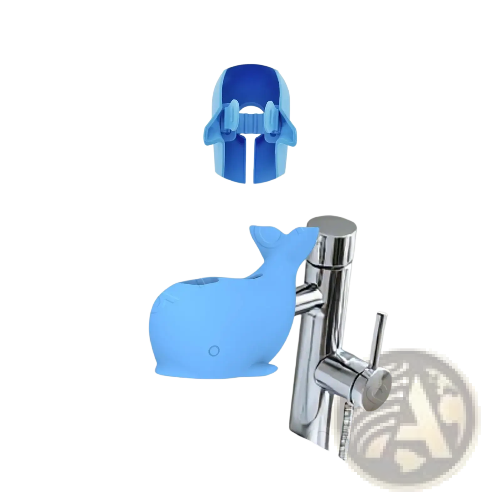 Blue silicone whale-shaped baby bath faucet cover with adjustable strap and openwork design for protection