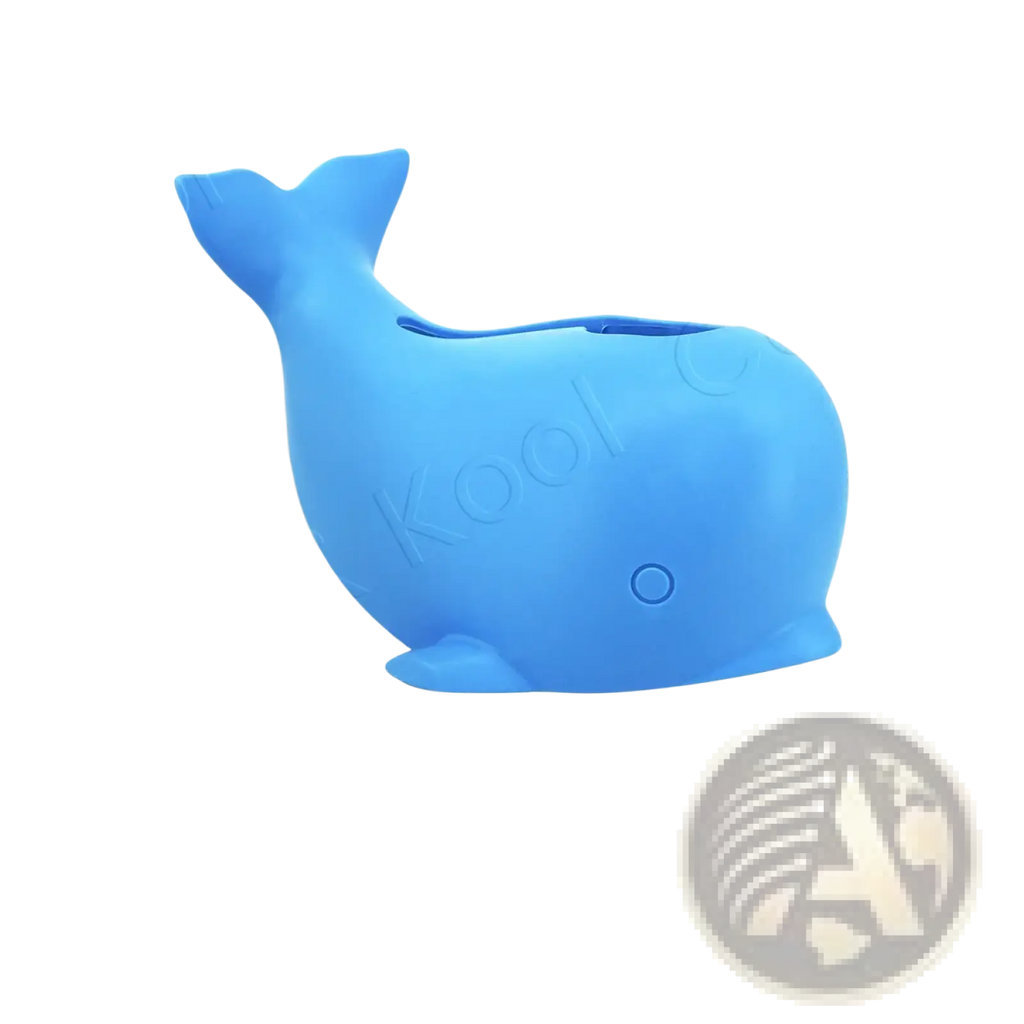 Blue silicone whale-shaped baby bath faucet cover designed to protect toddlers during bath time use