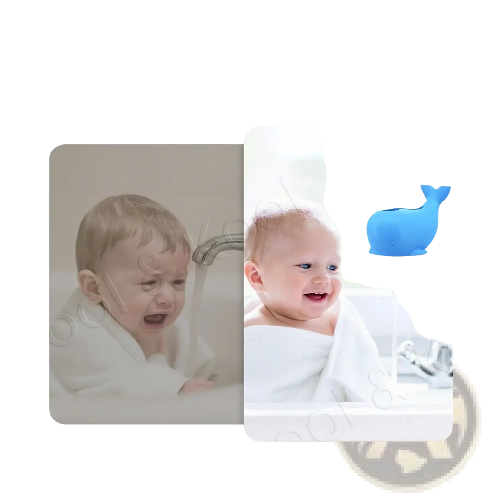 Blue silicone whale-shaped baby bath faucet cover designed as a head protector for safe bath time use