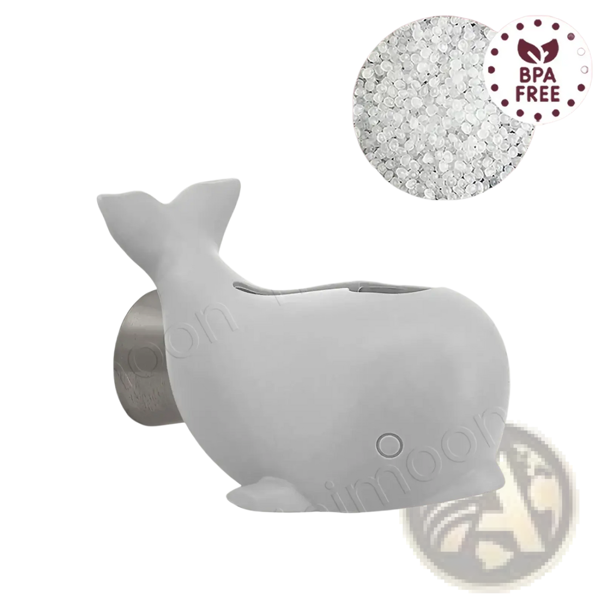 White ceramic whale-shaped baby bath faucet cover with silicone protector and metallic mounting base for safety and fun