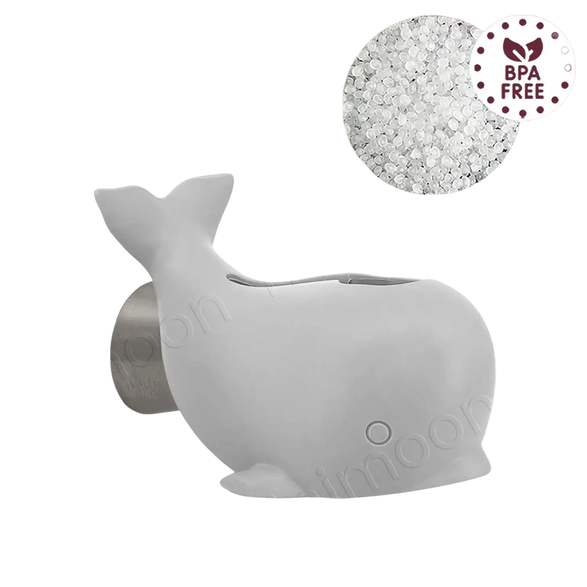 White ceramic whale-shaped baby bath faucet cover with silicone protector and metallic mounting base for safety and fun