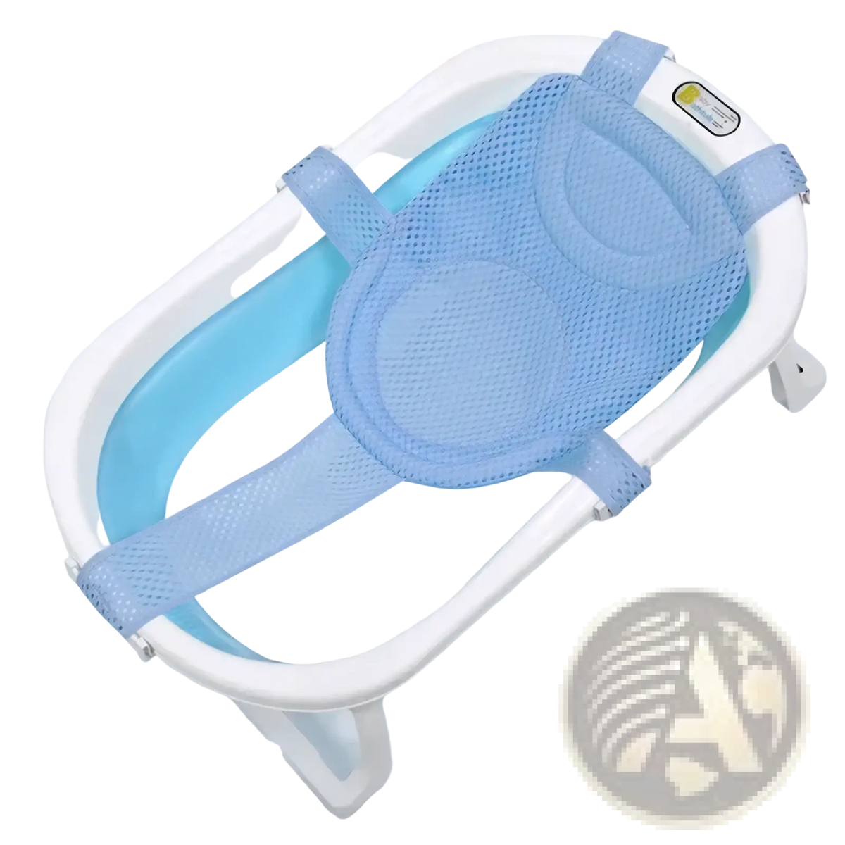 Light blue mesh baby bath net mat with padded shoulder straps and adjustable clips for secure newborn support