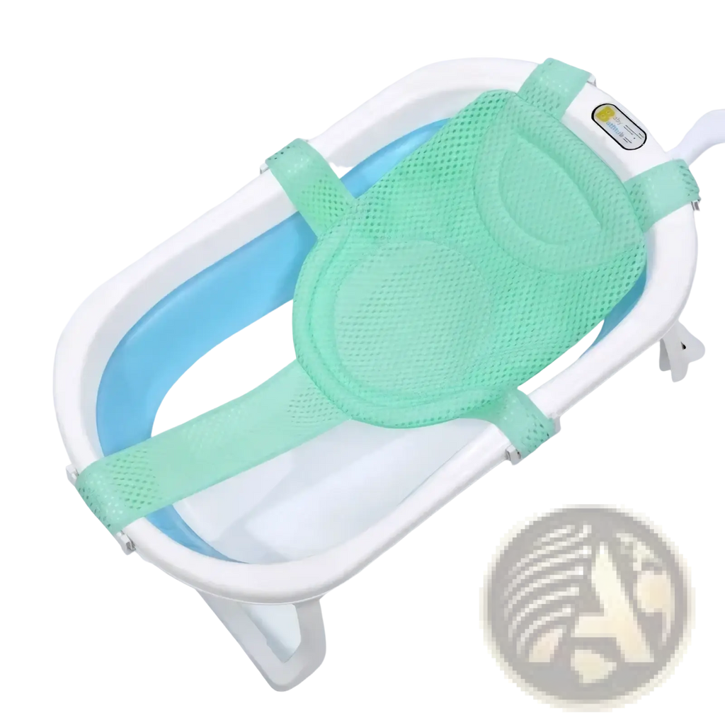Light green mesh baby bath net with padded straps and white plastic frame for adjustable newborn support cushion