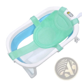 Light green mesh baby bath net with padded straps and white plastic frame for adjustable newborn support cushion