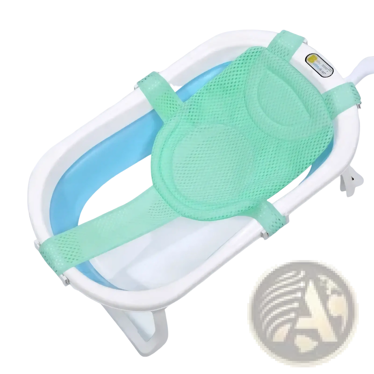 Light green mesh baby bath net with padded straps and white plastic frame for adjustable newborn support cushion