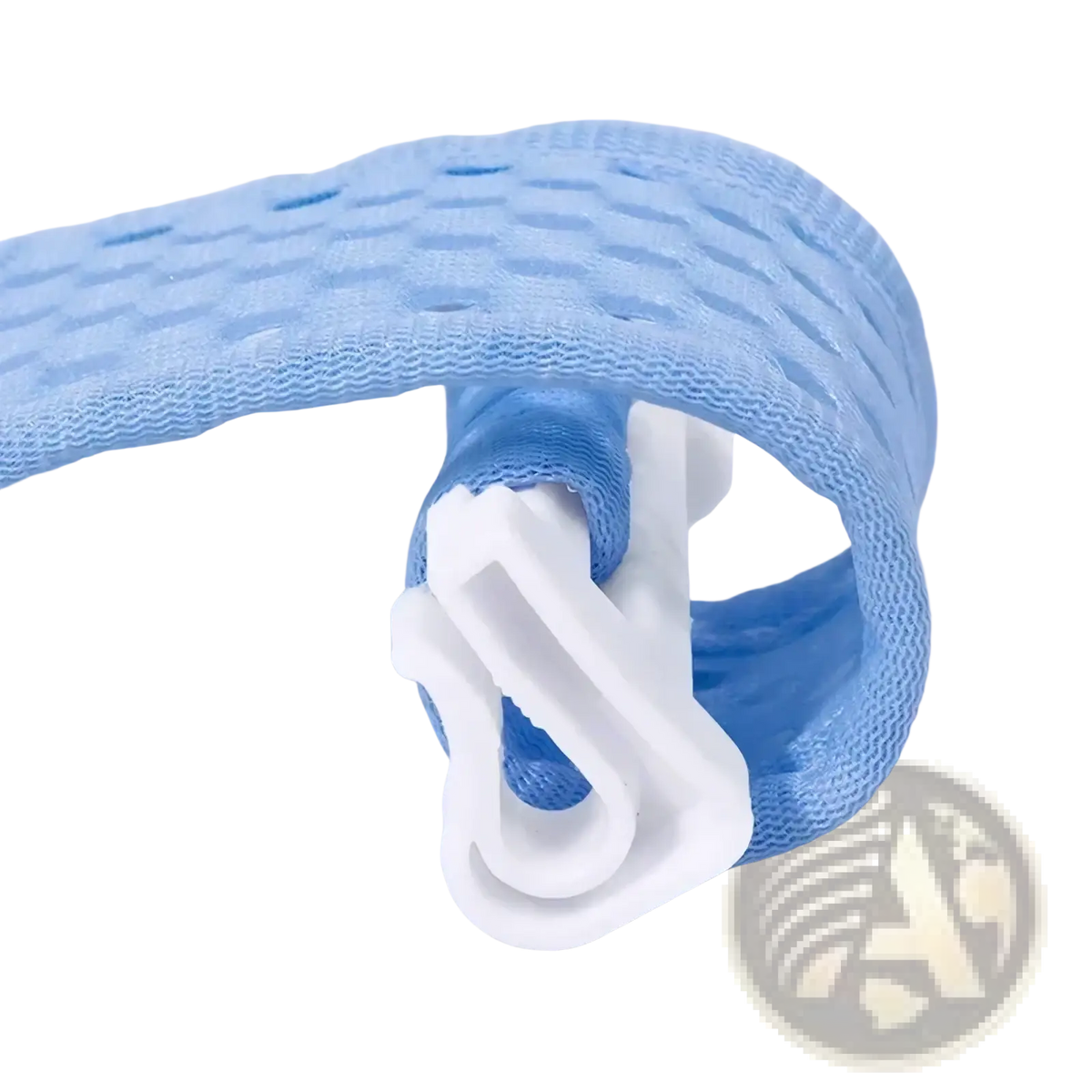 Light blue mesh fabric strap with white plastic buckle on baby bath net mat adjustable newborn support cushion