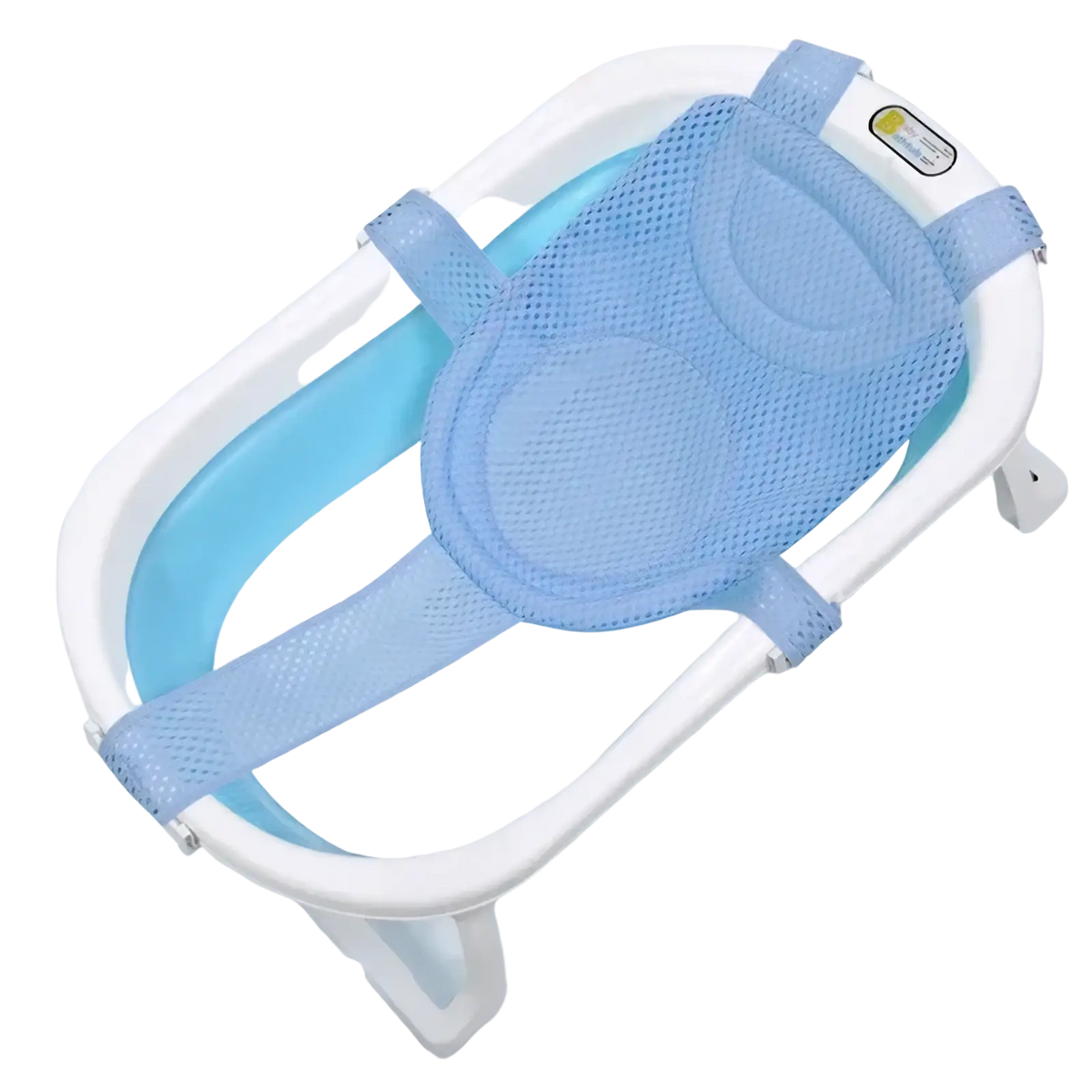Light blue mesh baby bath net mat with padded shoulder straps and adjustable clips for secure newborn support
