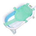 Light green mesh baby bath net with padded straps and white plastic frame for adjustable newborn support cushion