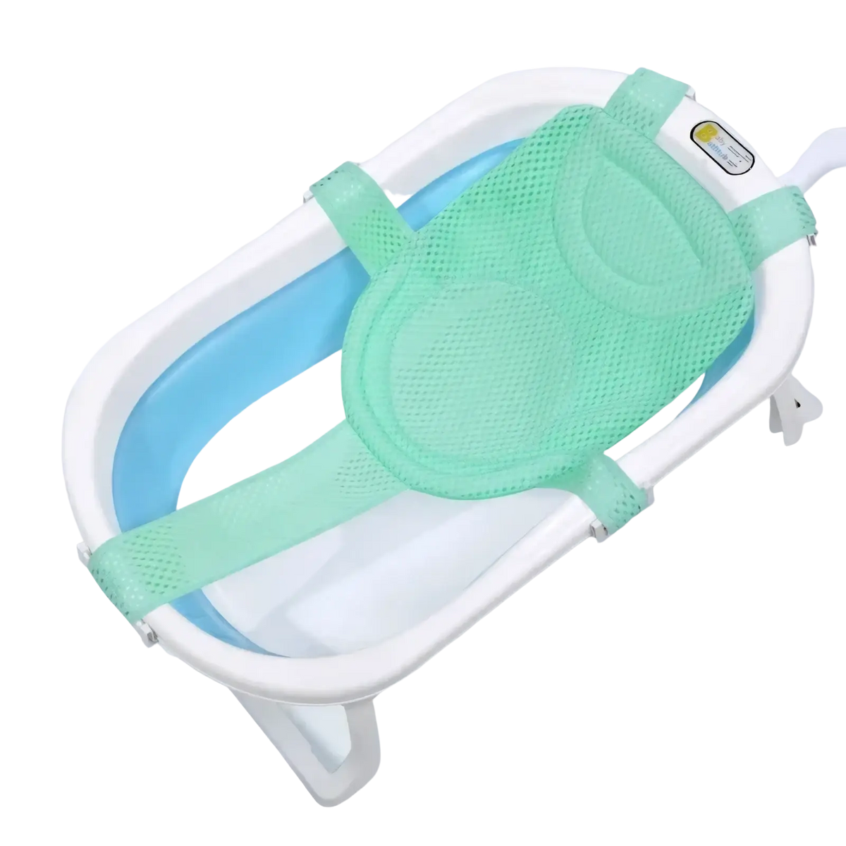 Light green mesh baby bath net with padded straps and white plastic frame for adjustable newborn support cushion