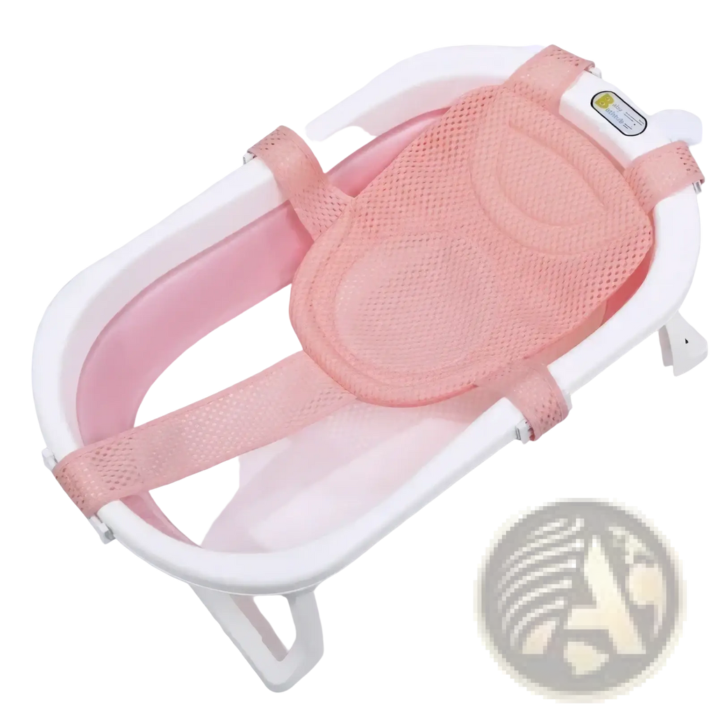 Pink mesh baby bath net mat with adjustable straps and white plastic frame for newborn support and safety