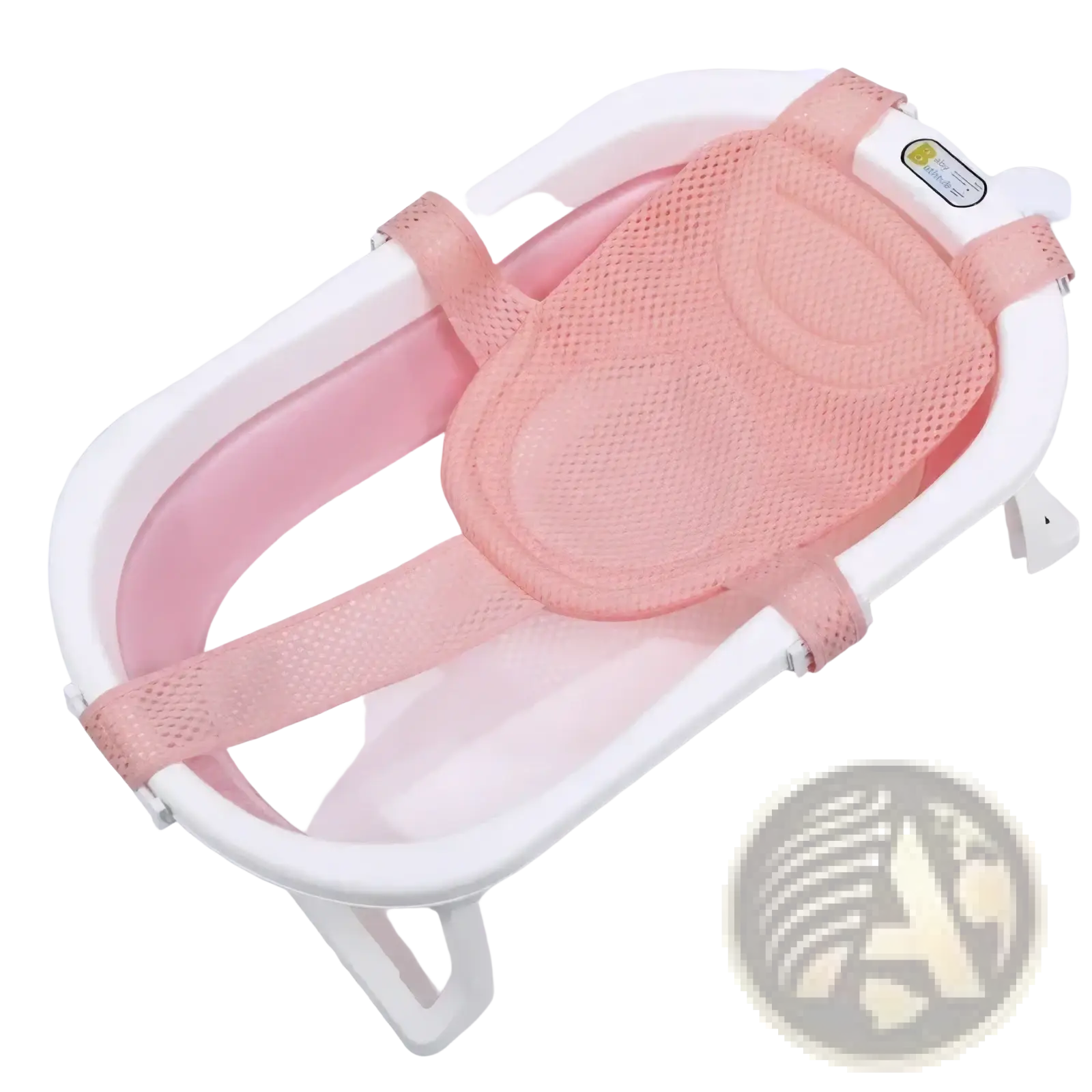 Pink mesh baby bath net mat with adjustable straps and white plastic frame for newborn support and safety