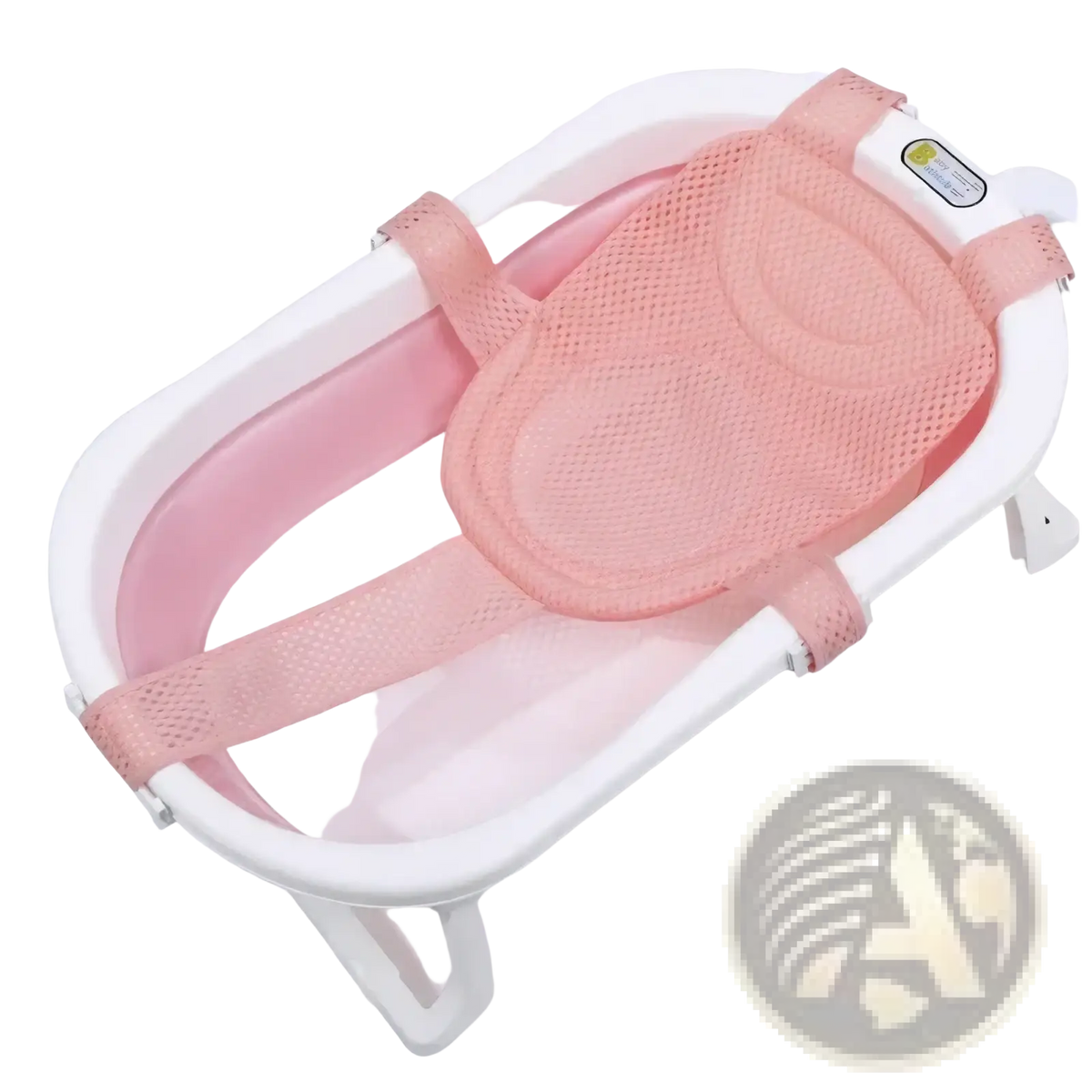 Pink mesh baby bath net mat with adjustable straps and padded central pad for newborn support cushion use