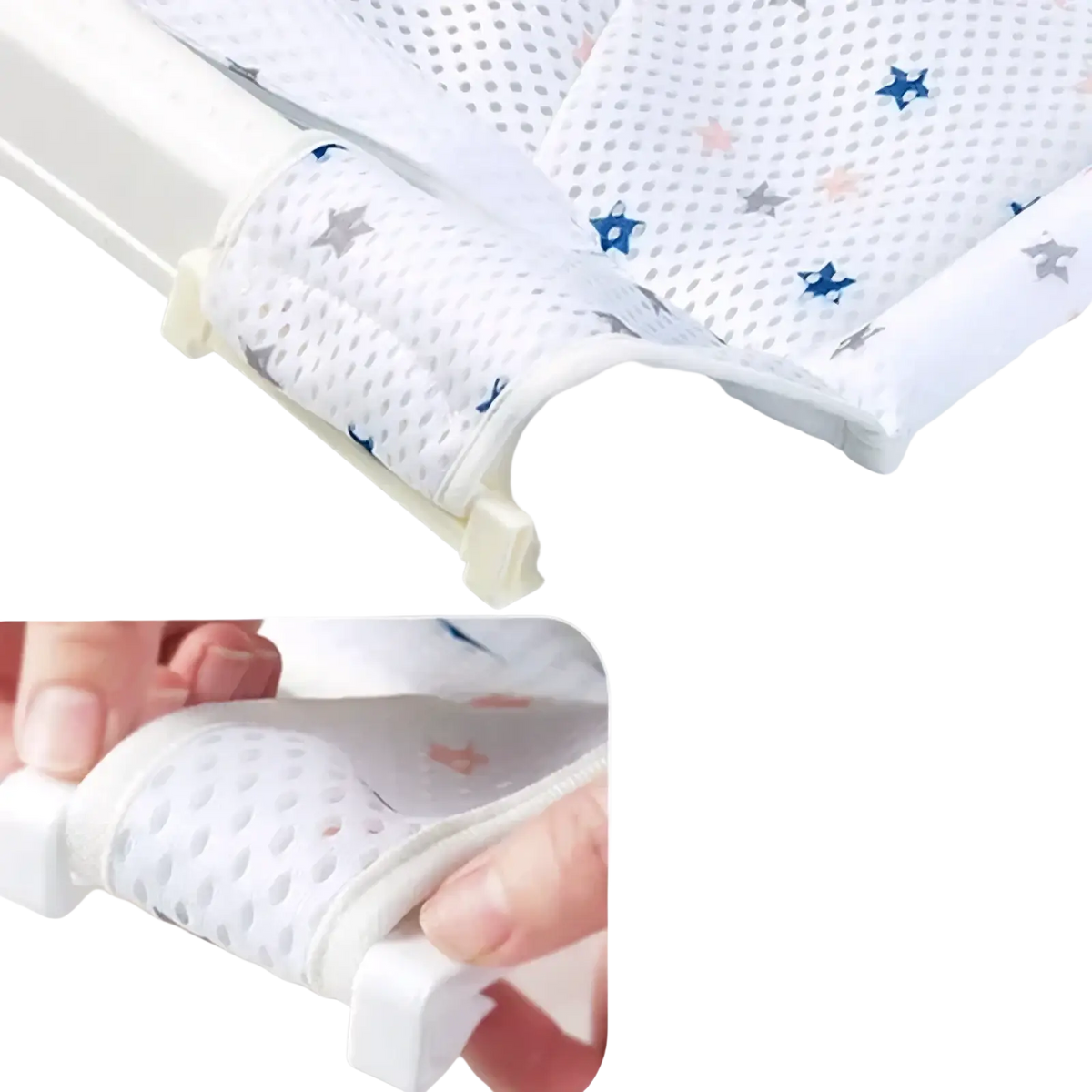 White mesh baby bath net mat with blue and gray star patterns featuring adjustable newborn support cushion
