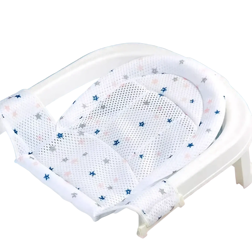 White mesh baby bath net mat with adjustable newborn support cushion and blue pink gray star pattern
