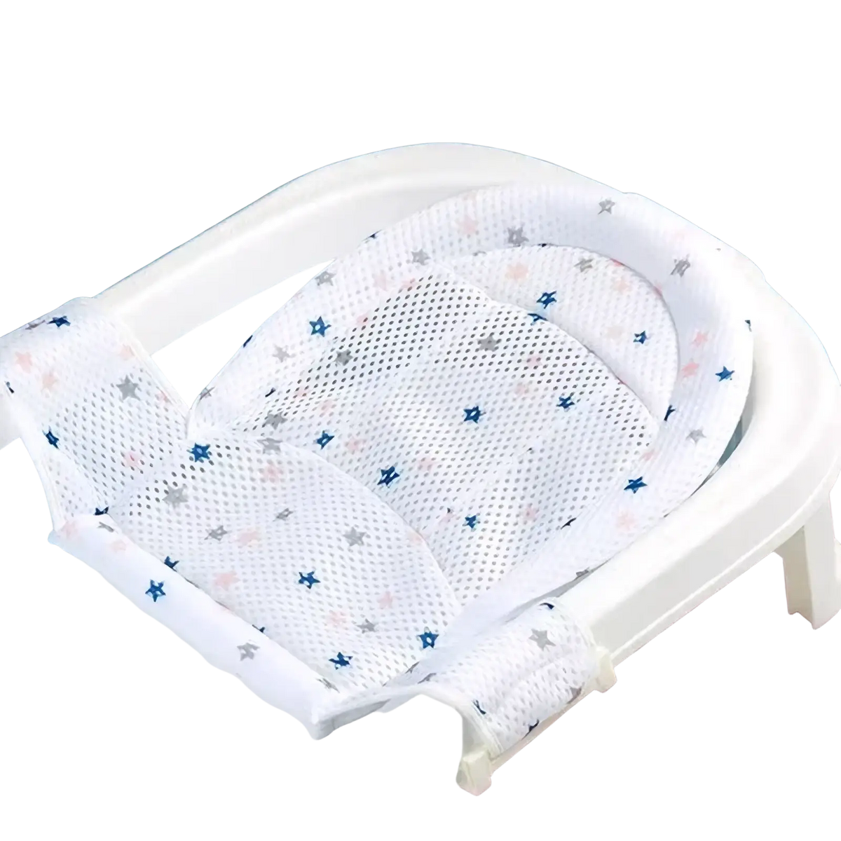 White mesh baby bath net mat with adjustable newborn support cushion and blue pink gray star pattern