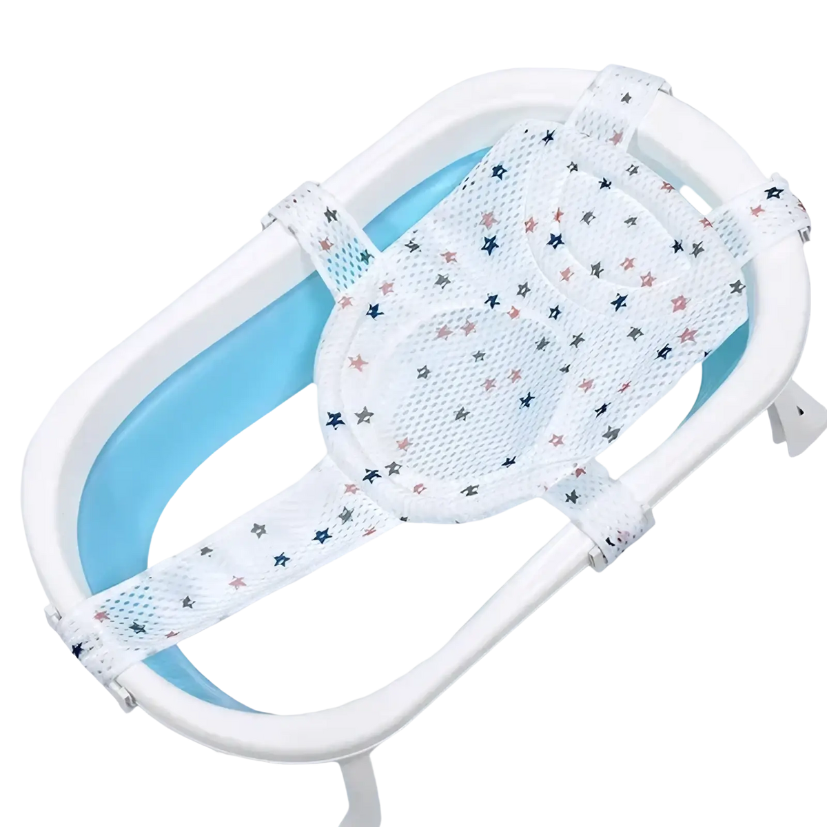 White mesh baby bath net mat with star pattern and adjustable straps for secure newborn support in bathtub