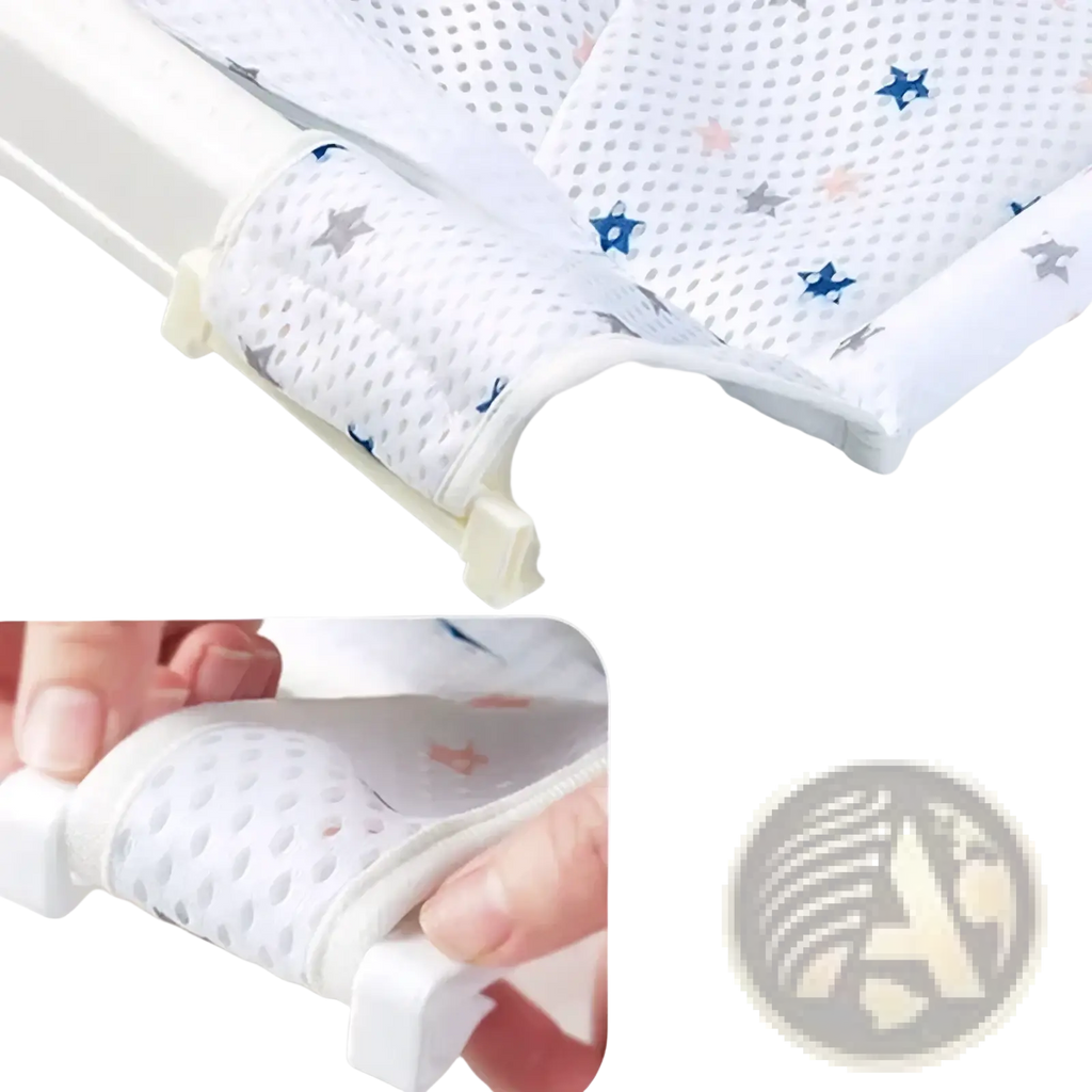 White mesh baby bath net mat with blue and gray star patterns featuring adjustable newborn support cushion