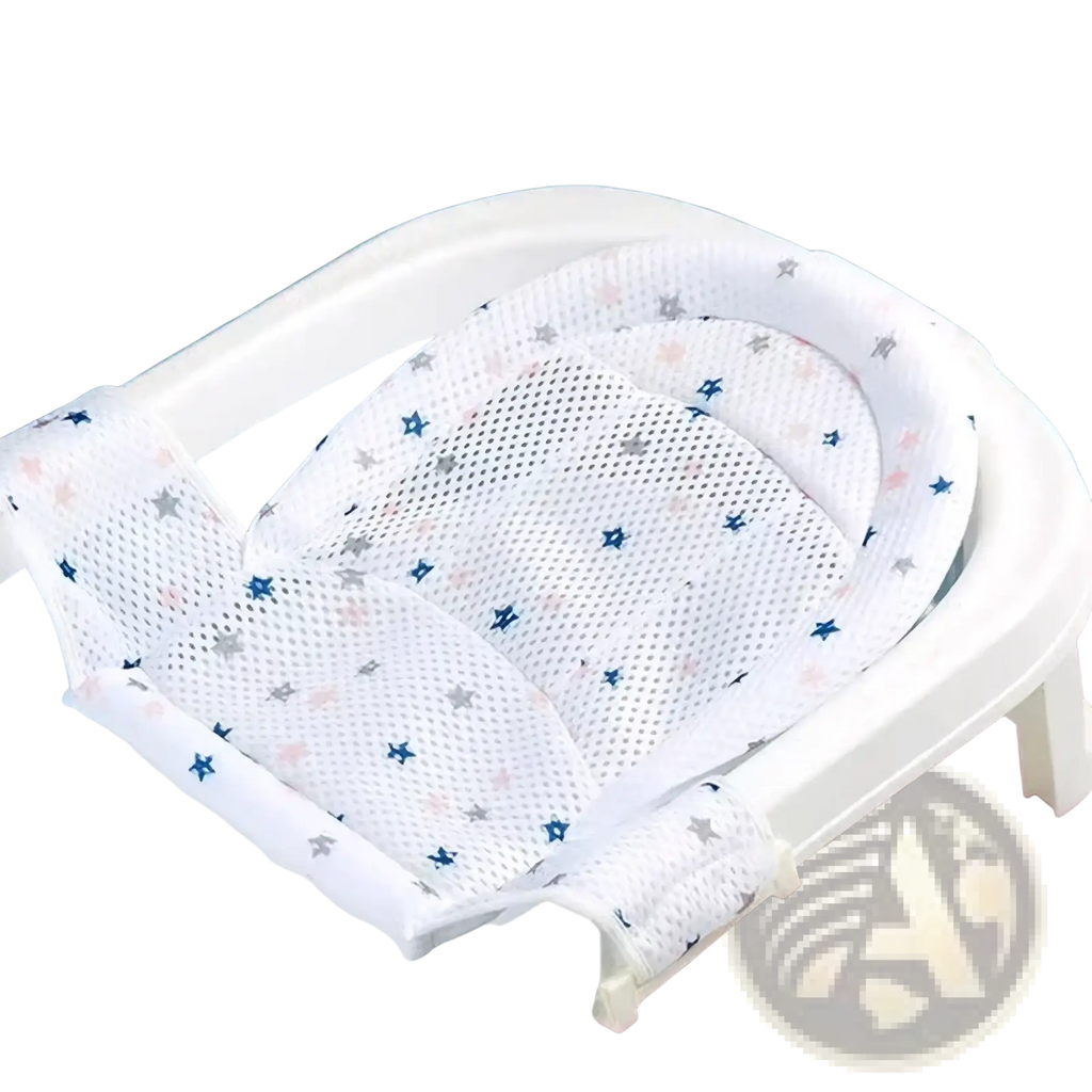 White mesh baby bath net mat with adjustable newborn support cushion and blue pink gray star pattern